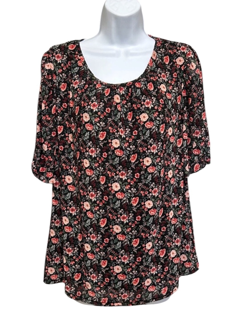 SO It IS Pink Floral Black Lined Babydoll Puffy Sleeve Pullover Top Size L